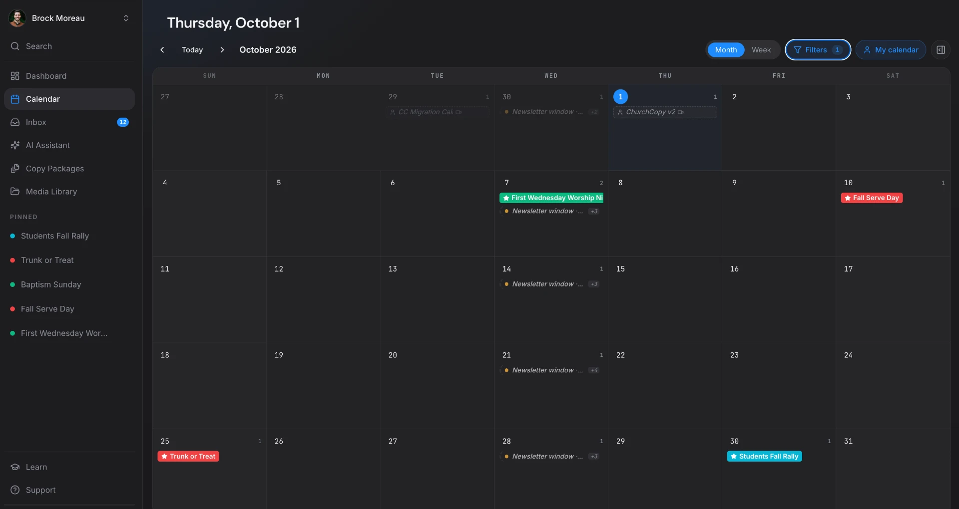 ChurchCopy month calendar filtered to show weekly newsletter windows.
