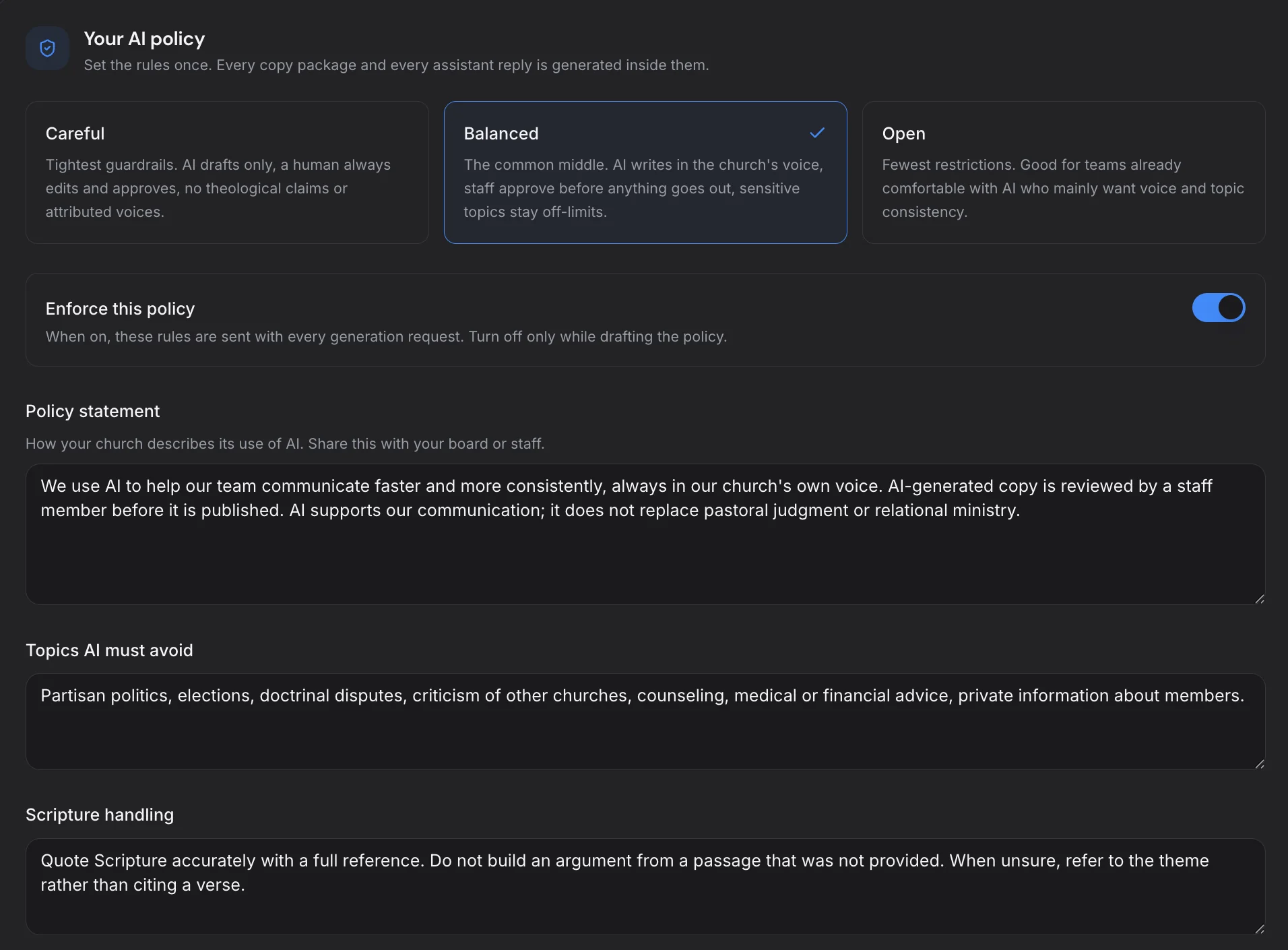 ChurchCopy AI Policy settings with Careful, Balanced, and Open policy levels, policy enforcement, a church policy statement, topics AI must avoid, and Scripture handling rules.