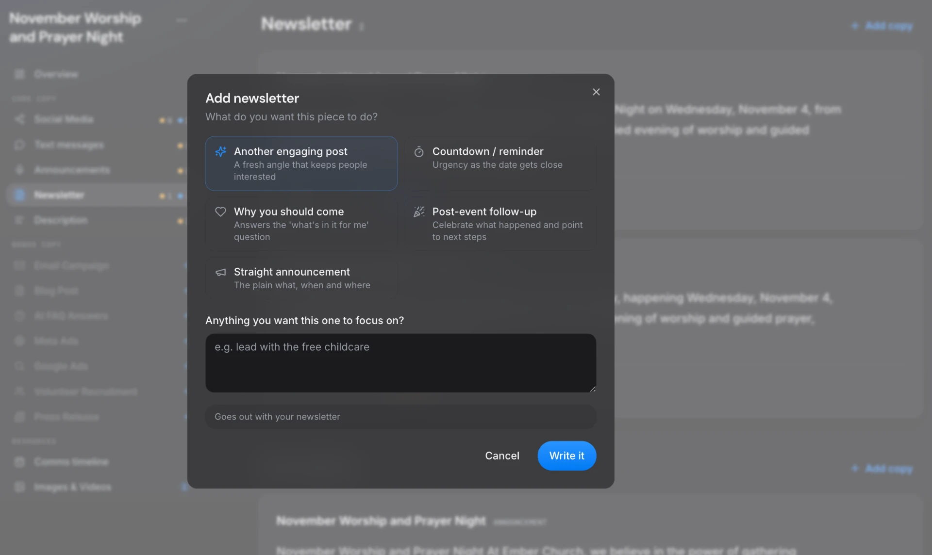 ChurchCopy Add newsletter dialog with five angle options and a focus prompt field.