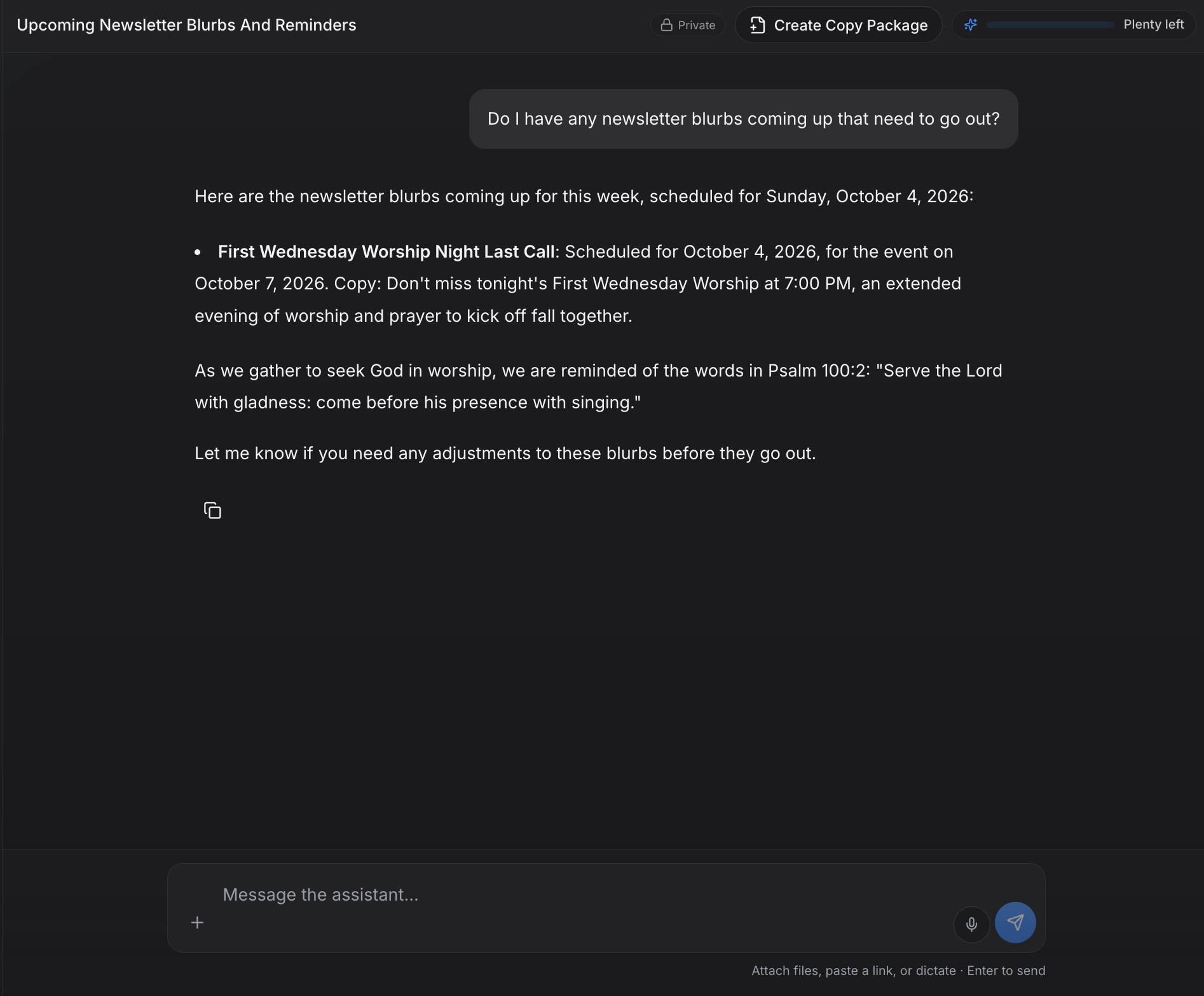 ChurchCopy AI Chat Assistant answering a question about upcoming newsletter blurbs with dates and copy.