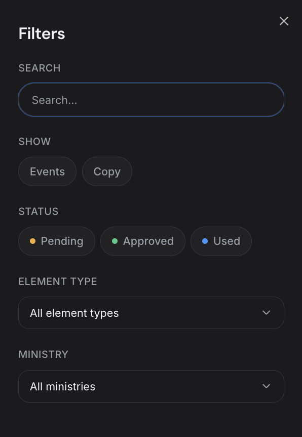 Calendar filters panel with search, show events or copy, status pending approved or used, element type, and ministry.